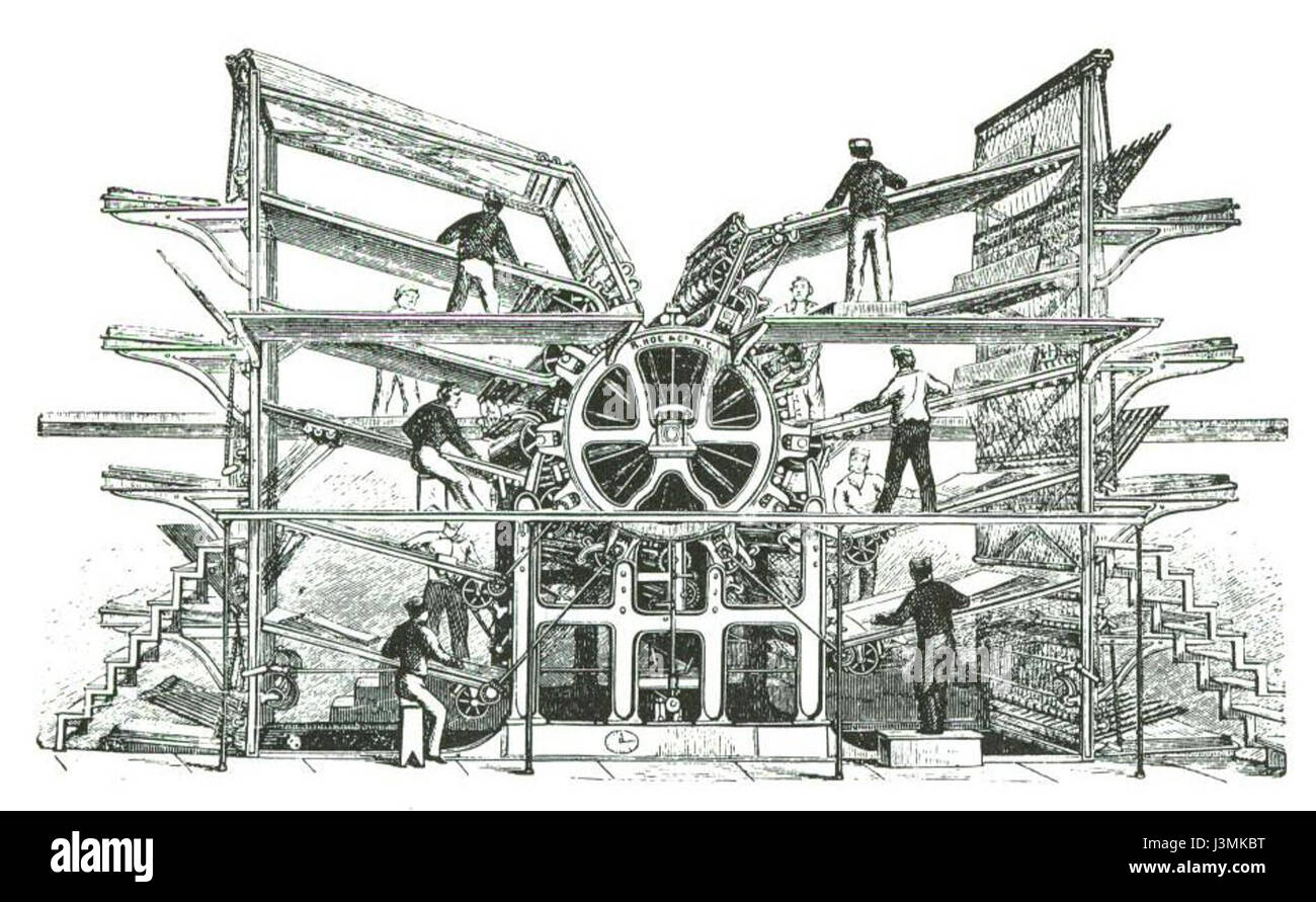 La macchina rotante Hoe è un'importante invenzione meccanica progettata per le macchine da stampa. Sviluppato nel XIX secolo, ha permesso una stampa più veloce ed efficiente, influenzando notevolmente l'industria della stampa durante la rivoluzione industriale. Foto Stock