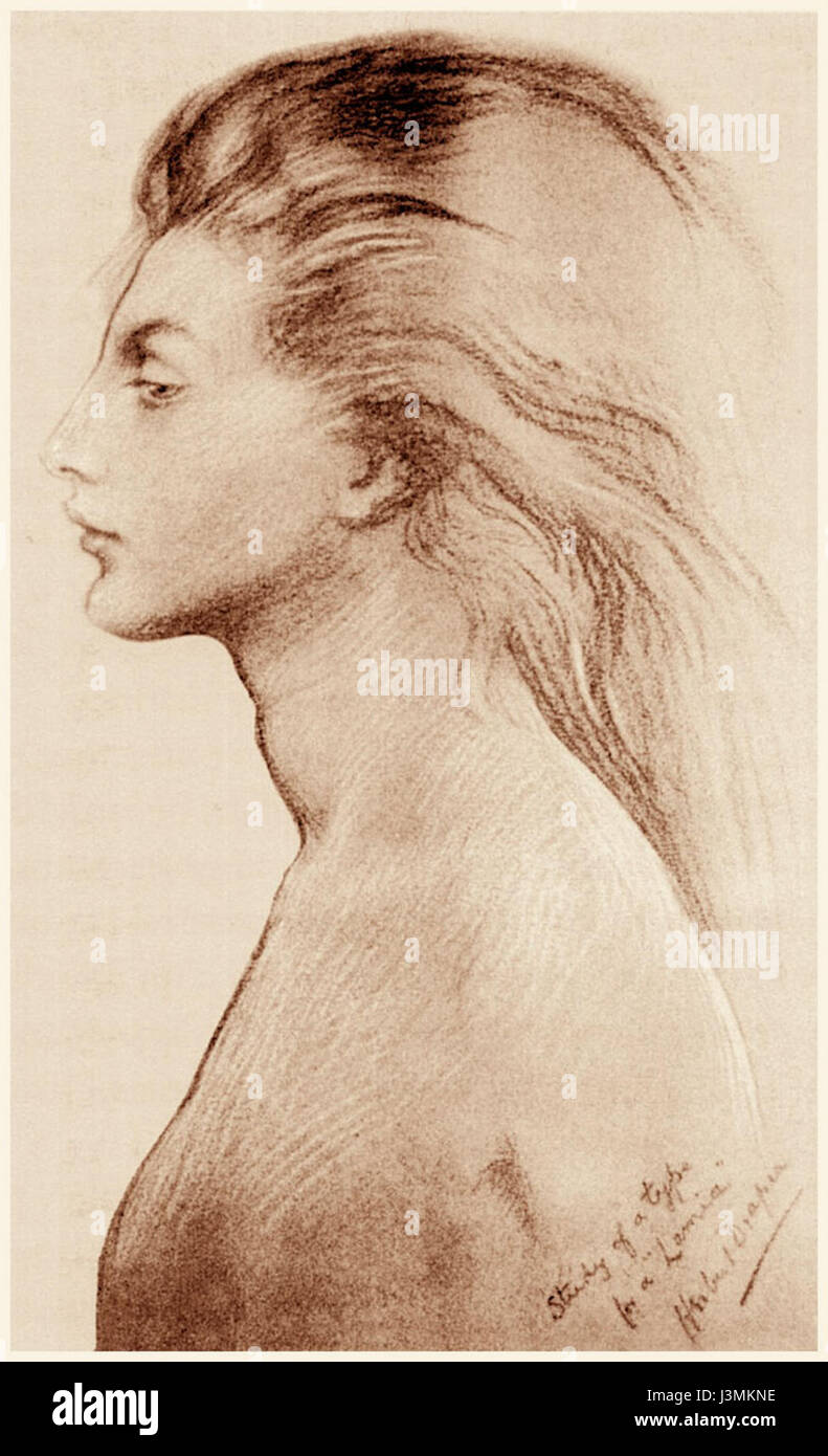 Questo studio di Herbert James Draper è un lavoro preparatorio per il suo dipinto "Lamia". Il disegno cattura l'esplorazione della forma e dell'espressione del artistâ, mostrando l'approccio dettagliato di Draper alla composizione e all'anatomia. Foto Stock