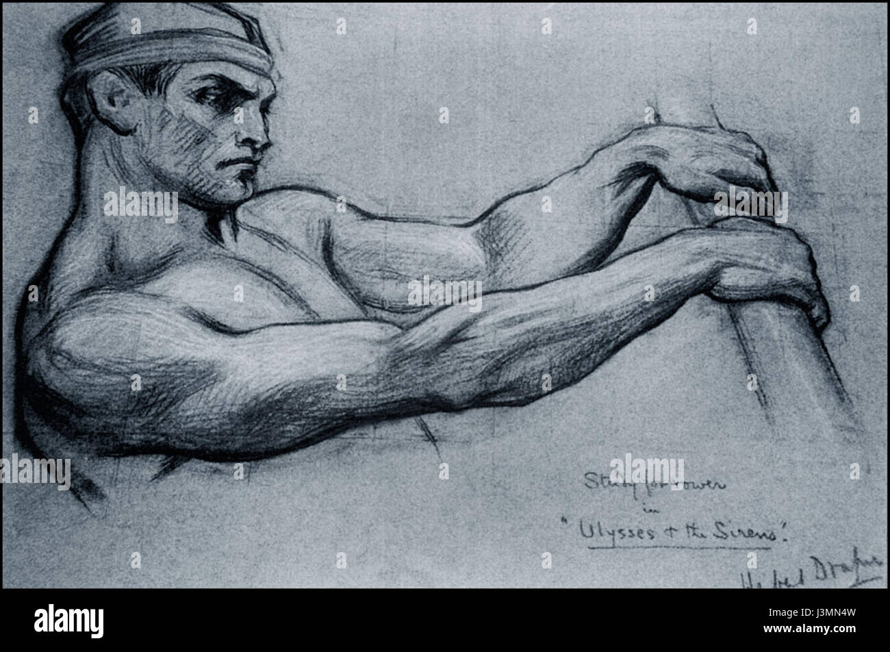 Lo studio di Herbert James Draperâ€™s "Study for Rower in Ulisse e le Sirene" è uno schizzo preparatorio per il suo famoso dipinto che raffigura la scena mitologica di "Odissea" di Homerâ. Lo studio si concentra sulla figura del canottiere, un personaggio essenziale nella narrazione, e mostra l'abilità di Draperâ nel catturare movimento ed emozione all'interno di un contesto mitologico. Foto Stock