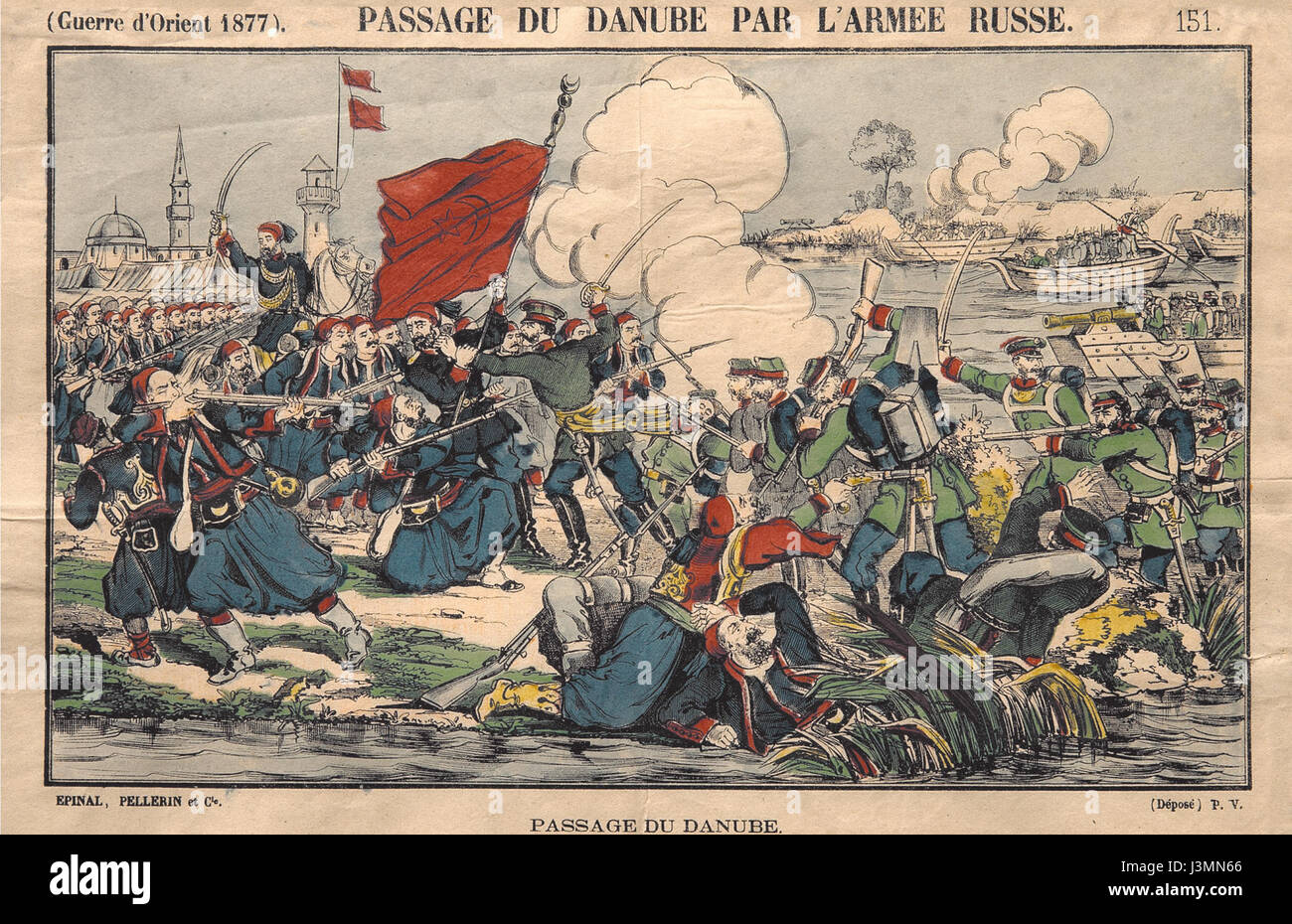 "Guerre d'Orient, 1877" raffigura l'attraversamento del Danubio da parte dell'esercito russo durante la guerra russo-turca. Questo evento è stato un momento cruciale nel conflitto e un significativo successo militare. Foto Stock