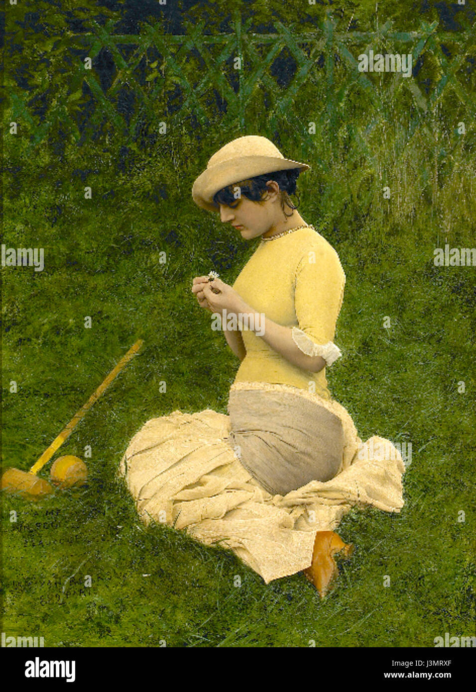 Questo dipinto, 'He loves me, He loves me Not' di Jan van Beers, completato nel 1882, raffigura un momento romantico ed emotivo, catturato attraverso un giovane womanÂ espressioni mentre contempla un dilemma d'amore. Foto Stock