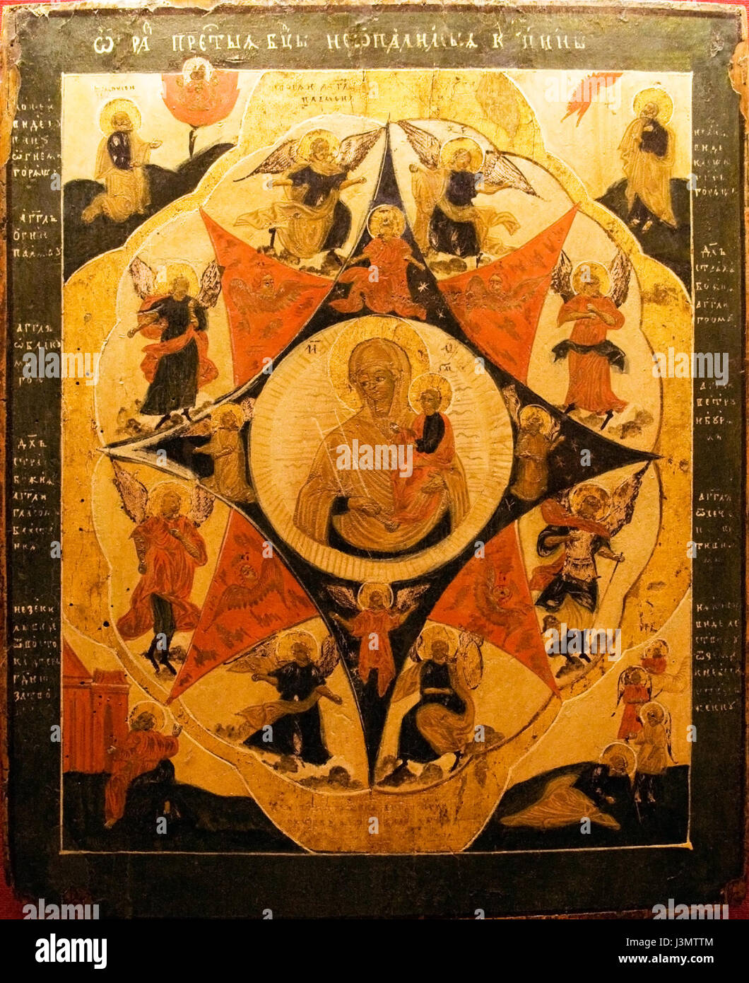 Questo titolo si riferisce probabilmente al simbolismo religioso, in particolare nell'iconografia cristiana. Essa può rappresentare la Vergine Maria (madre di Dio) e l'arbusto di rose inconsueto, simbolo di purezza e protezione divina. Foto Stock