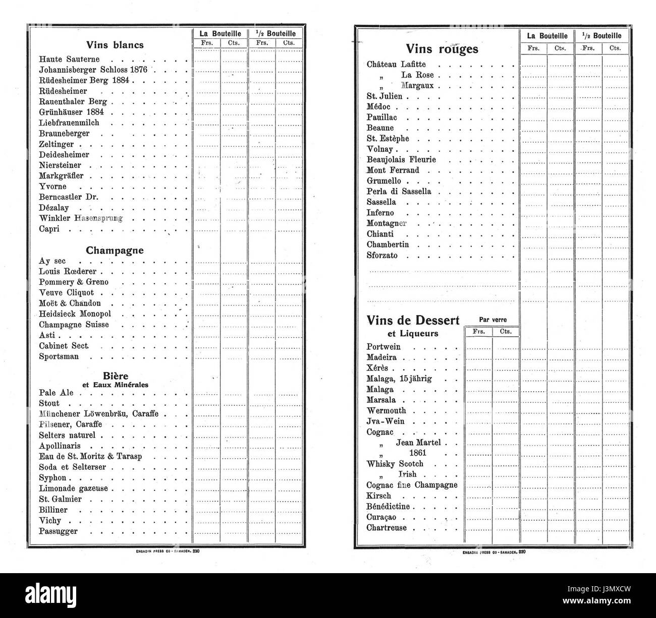 Uno storico menu di bevande dell'Hotel Pontresina, situato nelle Alpi Svizzere, offre una varietà di bevande servite in hotel durante i primi anni del XX secolo. Foto Stock