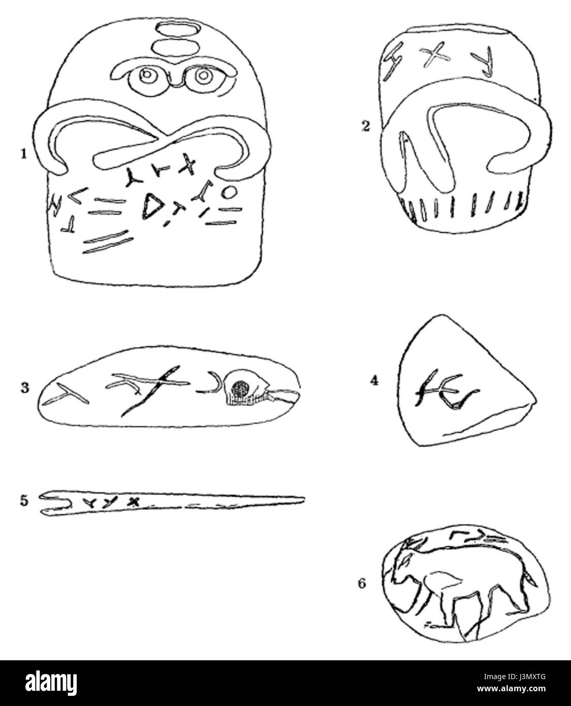 Il "Glozel Reinach 05" si riferisce a un manufatto o a una scoperta relativa al sito archeologico di Glozel, associato al lavoro di Henri-Edouard Reignach. Questo sito, situato in Francia, è noto per i suoi manufatti preistorici. Foto Stock