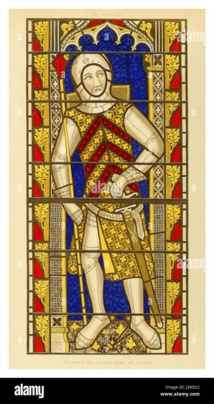 Questa illustrazione raffigura Gilbert de Clare, una figura notevole dell'Inghilterra medievale. Conosciuto per il suo ruolo nella storia inglese, l'immagine cattura la sua somiglianza in forma artistica, forse riflettendo il suo status di nobile o capo militare durante il periodo medievale. Foto Stock