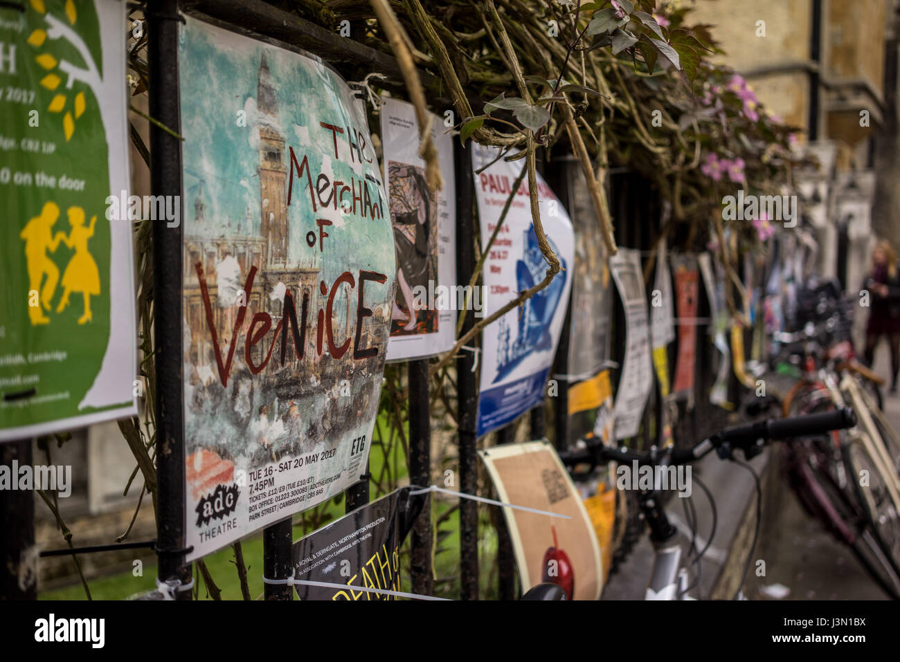 La città universitaria di Cambridge in Inghilterra con manifesti sui parapetti Foto Stock