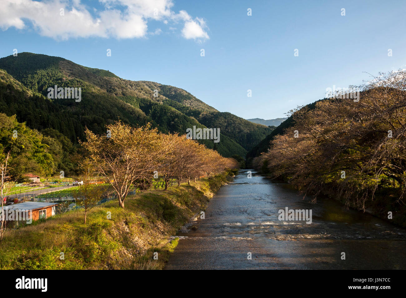 Le montagne nel lato rurale di Kyoto, con il fiume e il cielo blu. Foto Stock