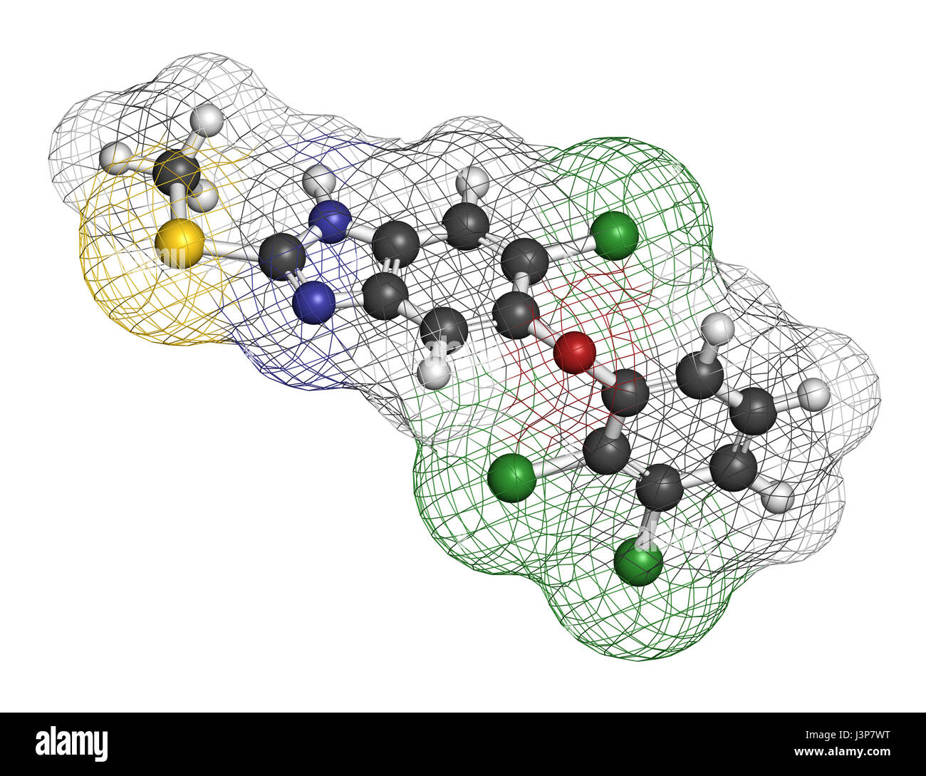 Triclabendazolo antielmintico molecola di farmaco. Gli atomi sono rappresentati come sfere con i tradizionali colori: idrogeno (bianco), carbonio (grigio), ossigeno ( Foto Stock