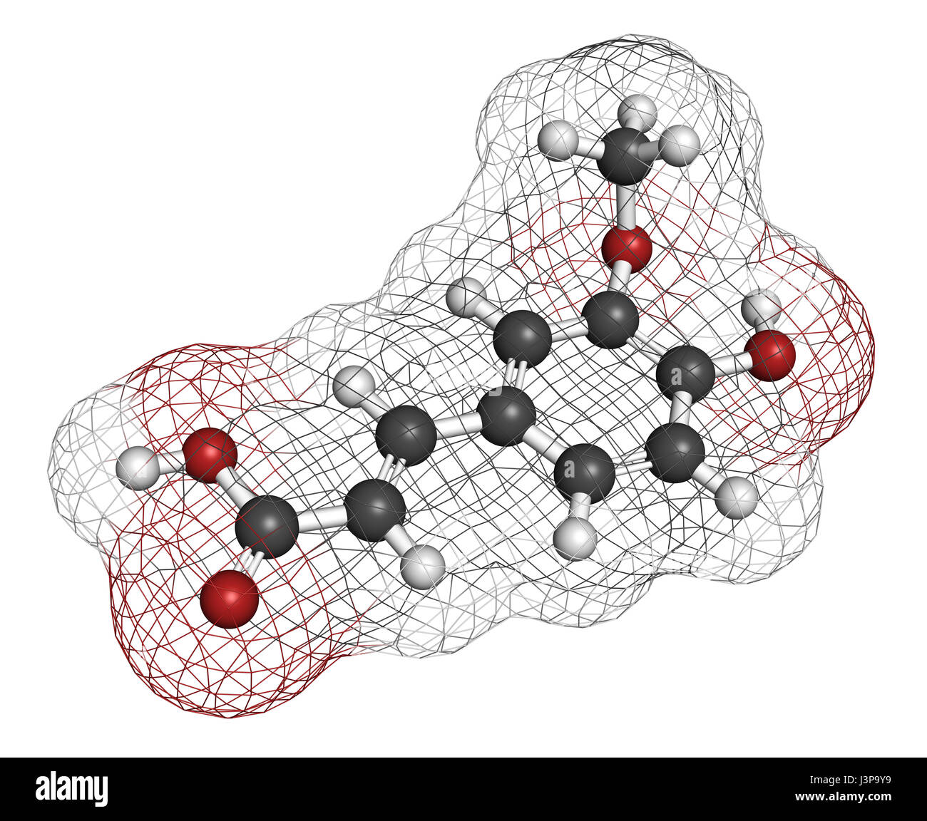 Acido ferulico erbe molecola antiossidante. Gli atomi sono rappresentati come sfere con i tradizionali colori: idrogeno (bianco), carbonio (grigio), Ossigeno (ri Foto Stock