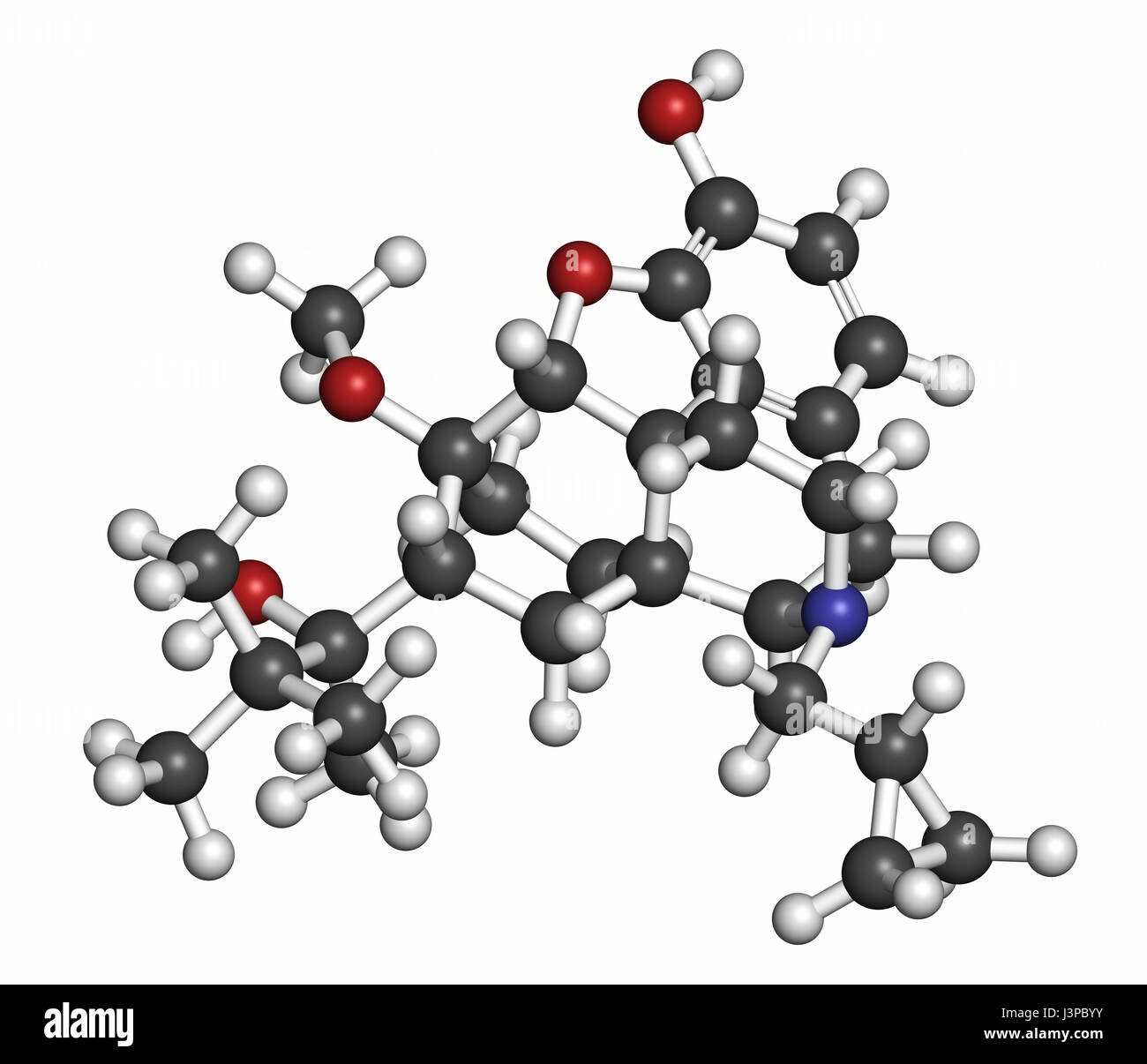 Buprenorfina dipendenza da oppioidi e dolore killer molecola di farmaco. Gli atomi sono rappresentati come sfere con i tradizionali colori: idrogeno (bianco), carbo Foto Stock