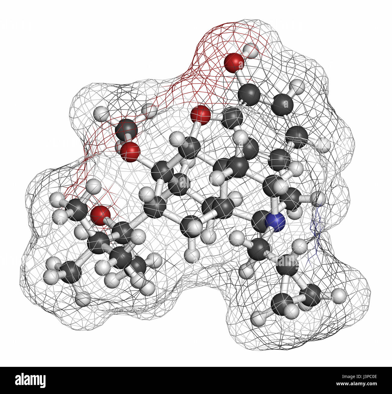 Buprenorfina dipendenza da oppioidi e dolore killer molecola di farmaco. Gli atomi sono rappresentati come sfere con i tradizionali colori: idrogeno (bianco), carbo Foto Stock
