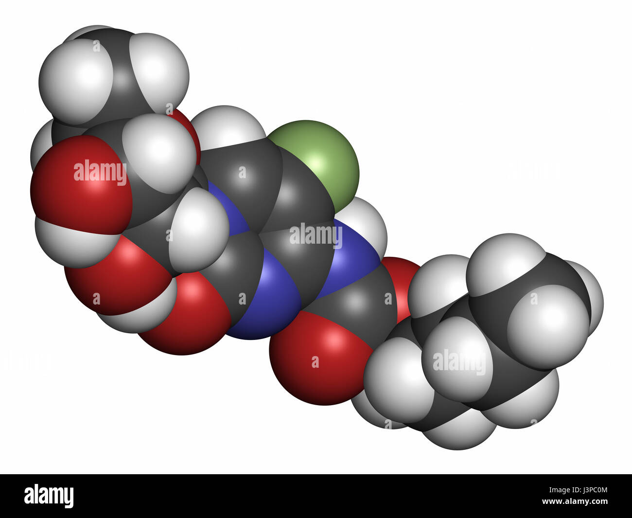 Capecitabine Cancro molecola di farmaco. Profarmaco di 5-fluorouracile (5-FU). Gli atomi sono rappresentati come sfere con i tradizionali colori: idrogeno (bianco) Foto Stock