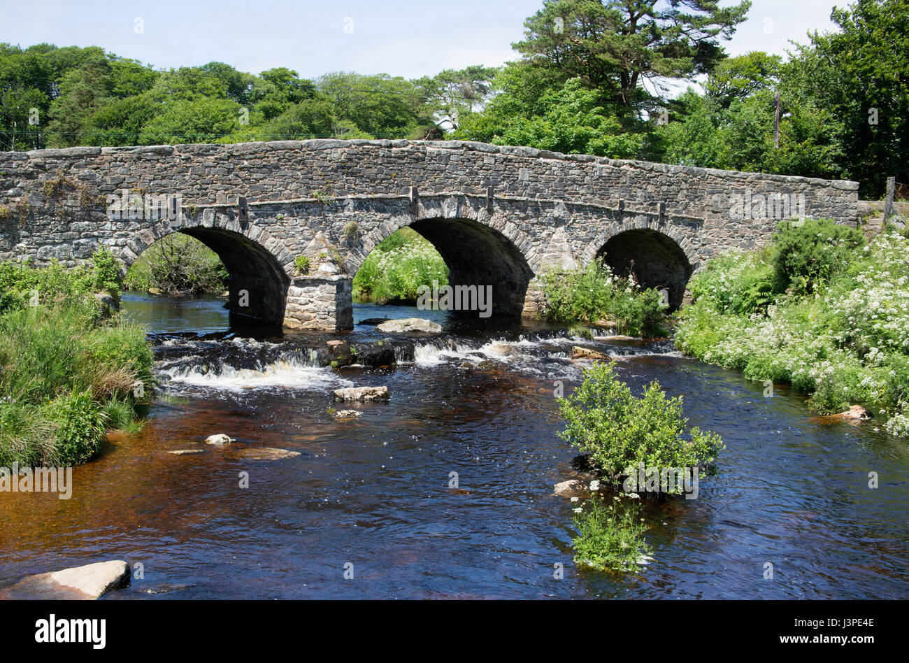 Humpback ponte stradale sul fiume Dart, Postbridge, Parco Nazionale di Dartmoor, Devon, Regno Unito Foto Stock