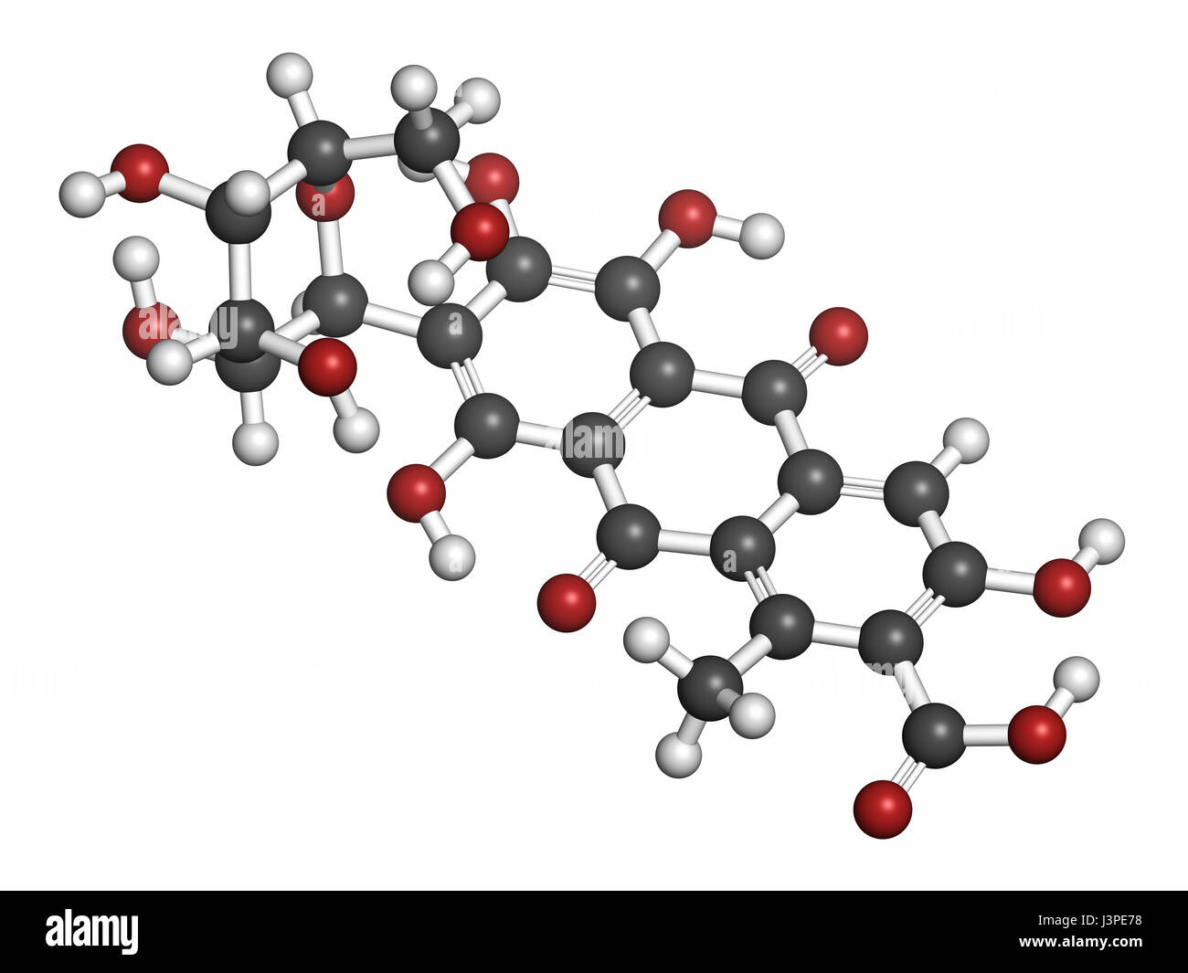 Acido Carminic molecola di pigmento. Avviene naturalmente con la cocciniglia (scala insetto). Gli atomi sono rappresentati come sfere con i tradizionali colori: hydroge Foto Stock