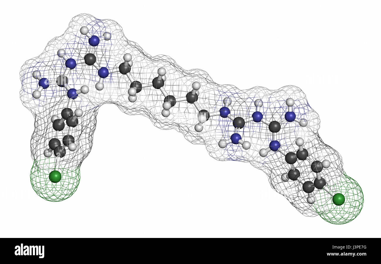 La clorexidina antisettico per molecola. Gli atomi sono rappresentati come sfere con i tradizionali colori: idrogeno (bianco), carbonio (grigio), Azoto (blu), Foto Stock