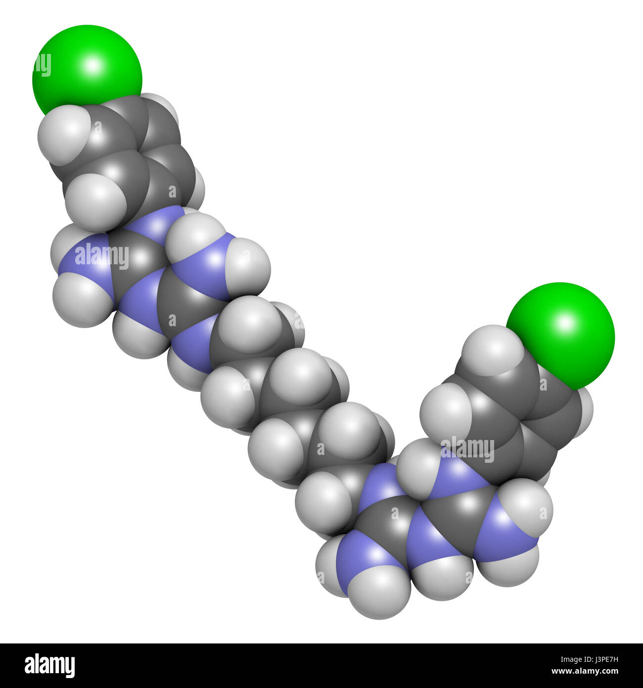 La clorexidina antisettico per molecola. Gli atomi sono rappresentati come sfere con i tradizionali colori: idrogeno (bianco), carbonio (grigio), Azoto (blu), Foto Stock
