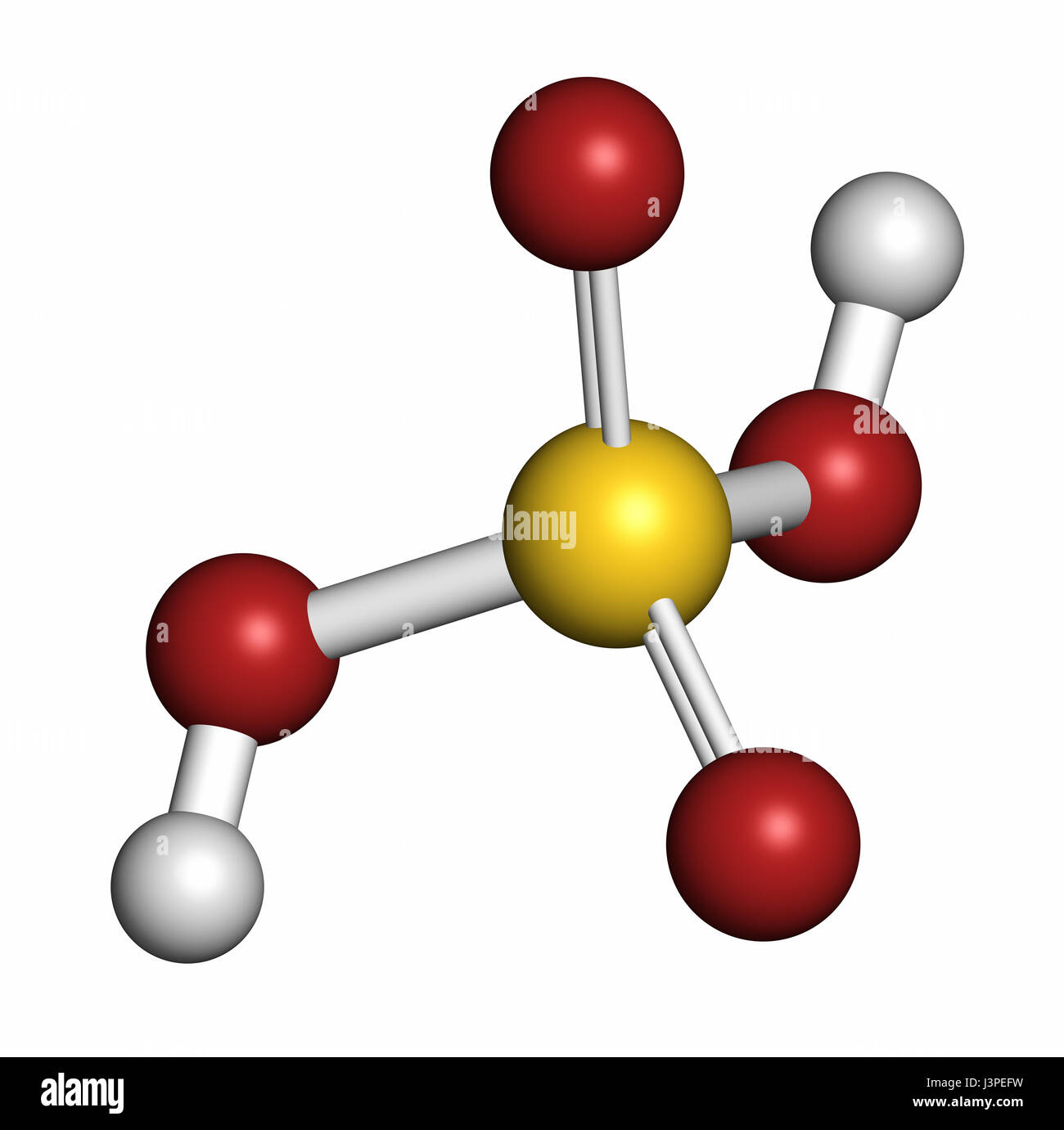 Acido solforico (H2SO4) acido minerale forte molecola. Gli atomi sono  rappresentati come sfere con i tradizionali colori: idrogeno (bianco),  Ossigeno (rosso), s Foto stock - Alamy