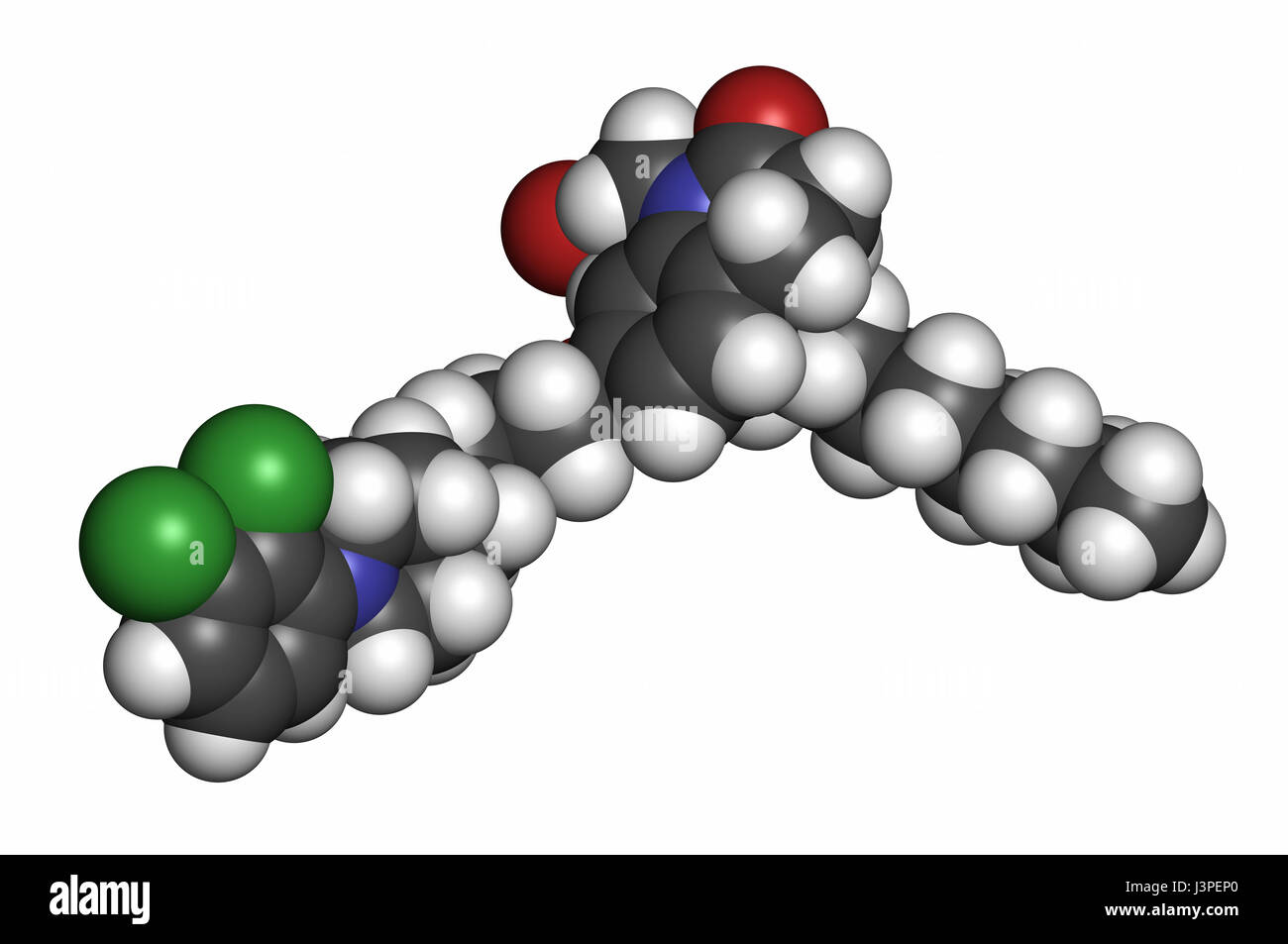 Aripiprazolo lauroxil farmaco antipsicotico molecola (iniettabile a rilascio prolungato modulo).. Gli atomi sono rappresentati come sfere convenzionale con codifica a colori Foto Stock