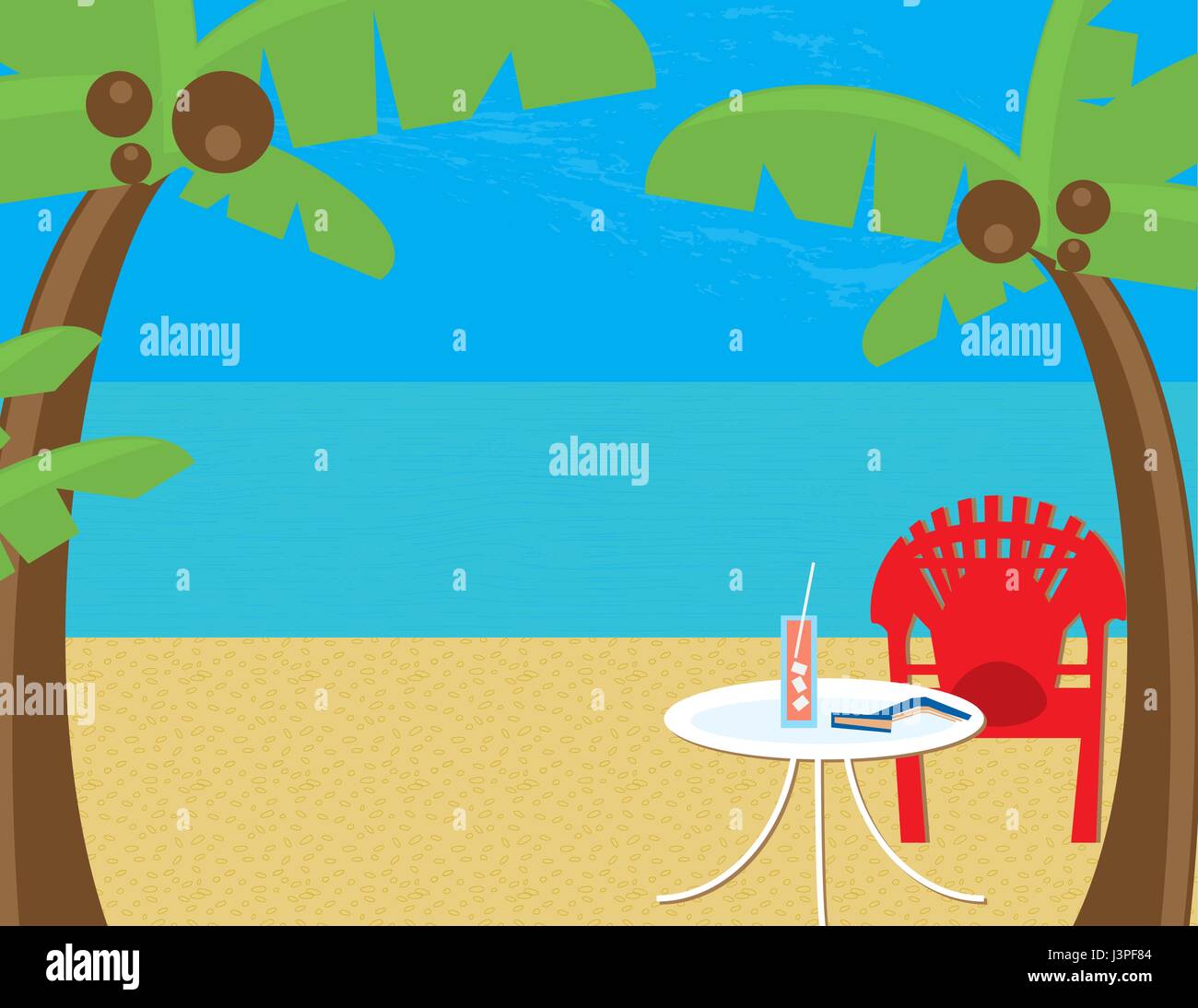 Spiaggia Spiaggia Relaxation-Tropical con palme e sdraio sulla spiaggia, la limonata e un buon libro. Abbondanza di copyspace; sottile texture in sabbia, acqua e cielo Illustrazione Vettoriale