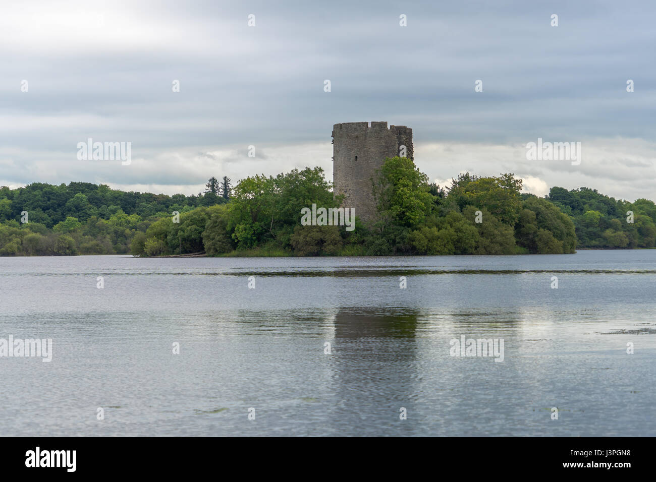 Un vecchio castello su un'isola in un lago in Irlanda. Foto Stock