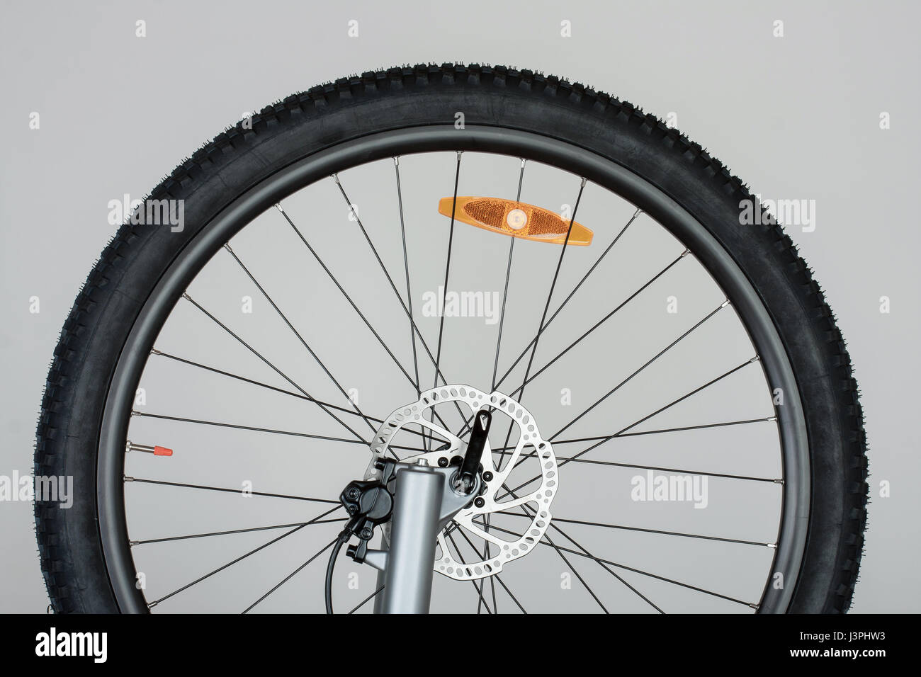 Parte della ruota anteriore della bicicletta mtb con freni a disco idraulici. Foto Stock