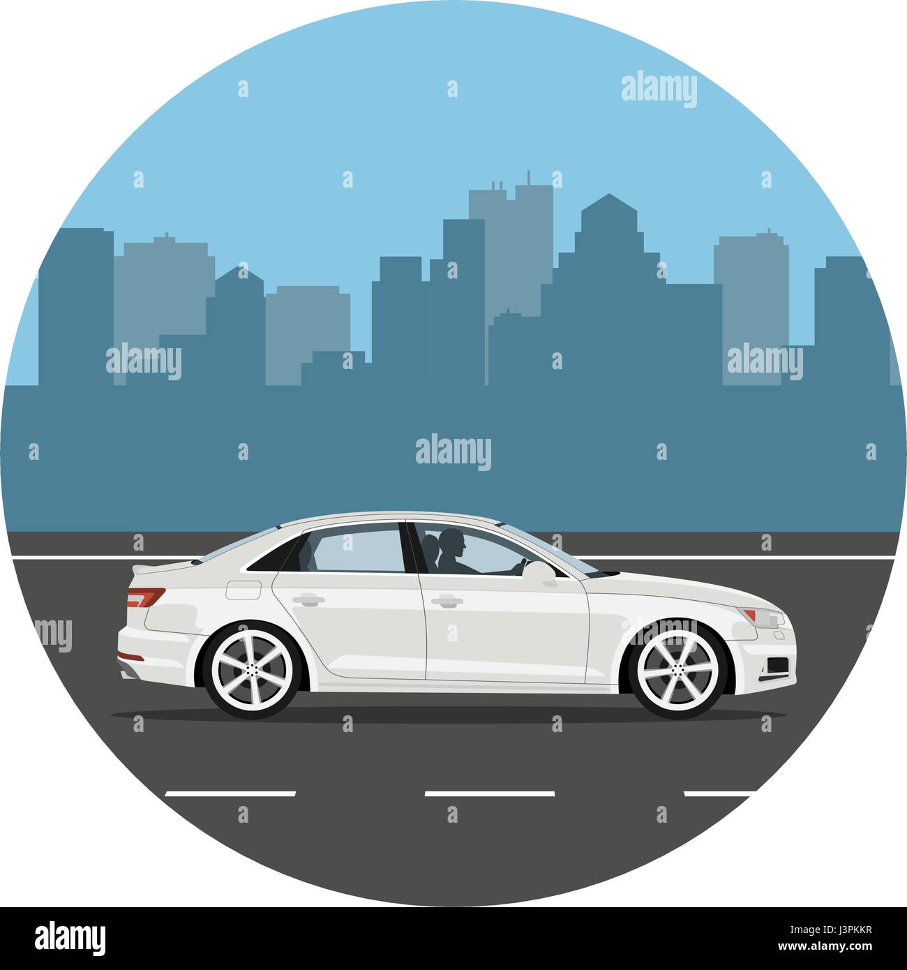 Auto sulla strada sopra lo sfondo della città. L uomo alla guida della berlina bianco. Illustrazione Vettoriale. Design piatto, senza gradienti. Illustrazione Vettoriale