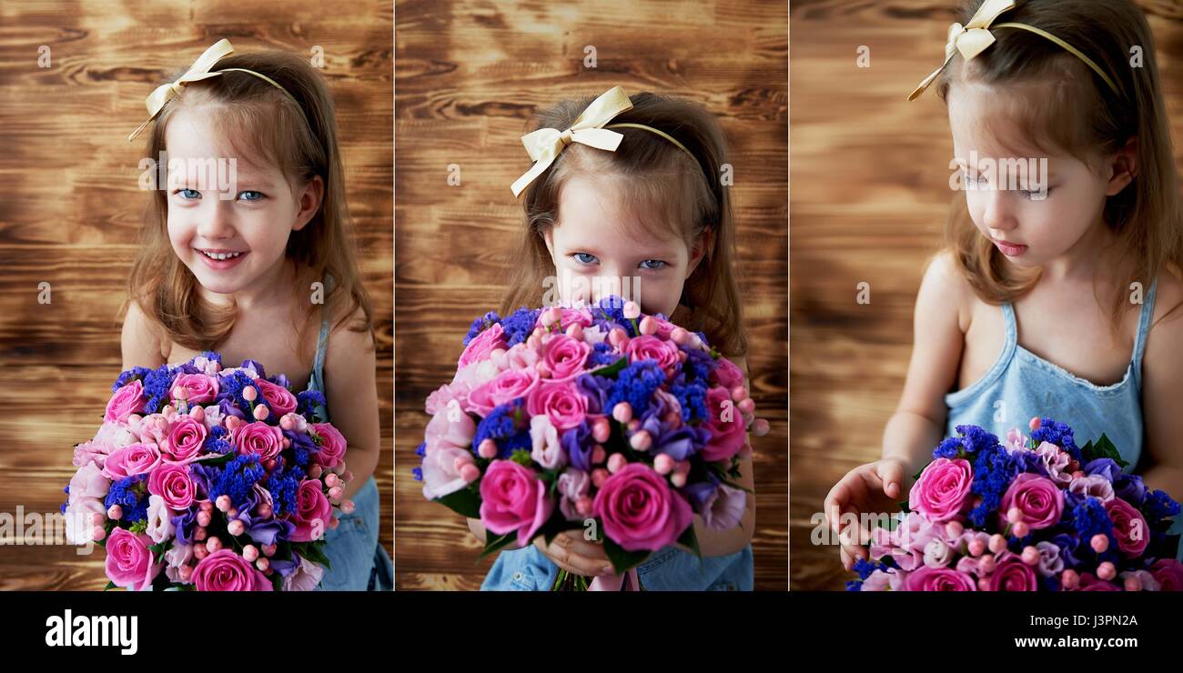 Bouquet di nozze in rosa e viola toni. Bella e delicata. La ragazza tiene un bouquet nelle sue mani. Foto Stock