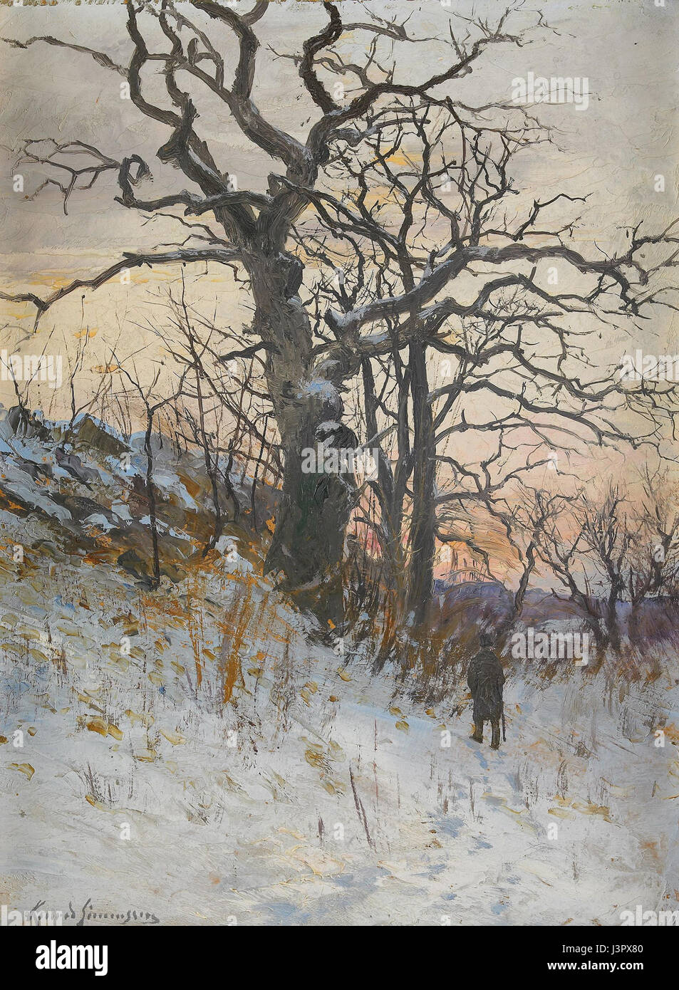 "Den gamla eken" di Karl Konrad Simonssonâ raffigura un'antica quercia, simbolo della longevità e della forza di natureâ, che riflette Simonssonâ l'attenzione ai dettagli nell'arte del paesaggio. Foto Stock