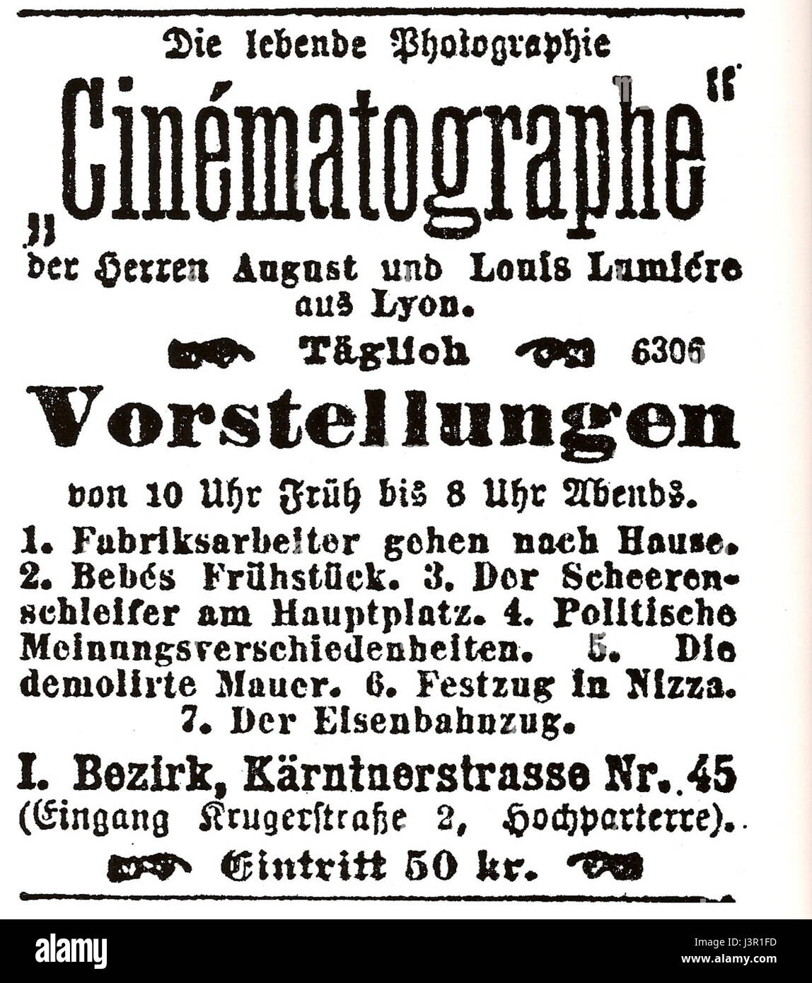 Il "Kinoprogramm Wien 1896" si riferisce al programma cinematografico di Vienna per il 1896. Mette in evidenza le prime fasi dell'industria cinematografica in Austria, mostrando i primi film mostrati al pubblico e il loro significato. Foto Stock