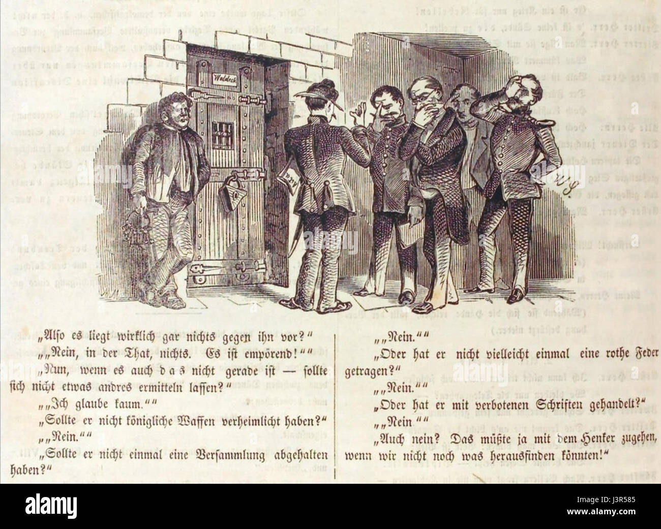 Il cartone animato di Kladderadatsch del 1849, con Franz Leo Benedikt Waldeck, lo raffigura in una cella della prigione (Kerker). L'immagine satirica riflette il clima politico e sociale dell'epoca, concentrandosi sulla prigionia di Waldeck. Foto Stock