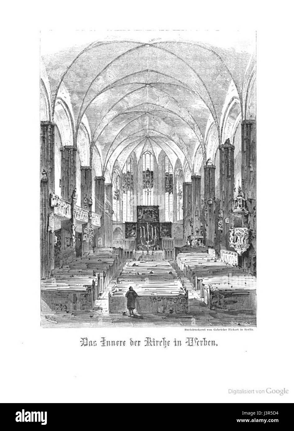 Questa vista interna della chiesa di Werben, catturata intorno al 1850, mostra l'architettura storica e l'arte religiosa del periodo. Il design e la decorazione della chiesa riflettono i valori culturali e spirituali della Germania del XIX secolo, offrendo un'idea della storia architettonica della regione. Foto Stock