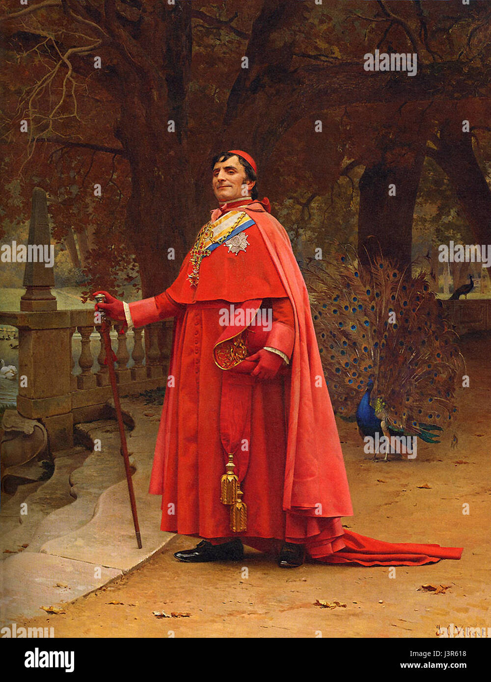 "The Preening Peacock" è un dipinto a olio su tavola di 18 x 14,5 pollici dell'artista francese Jehan Georges Vibert (1840â€“1902). Ritrae umoristicamente un cardinale che si ammira in uno specchio, mettendo in evidenza l'abilità di Vibert nel fondere temi religiosi con satira spensierata. Foto Stock