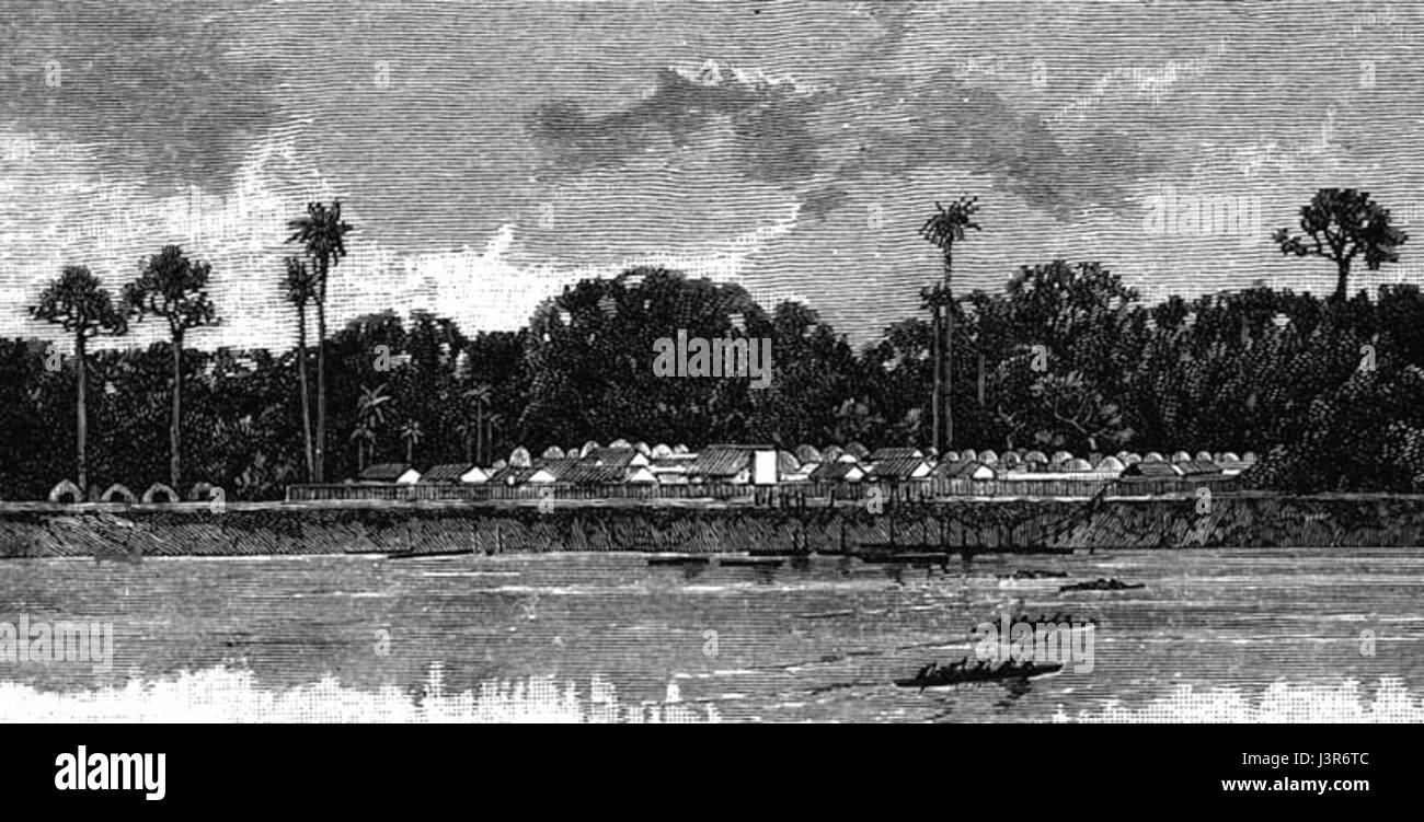 Questo resoconto storico intitolato "in Darkest Africa" fornisce una descrizione dettagliata del villaggio Aruwimi nell'Africa centrale. L'opera esplora la vita e la cultura della popolazione locale, sottolineando i modi di vita tradizionali del villaggio durante i primi anni del XX secolo. Foto Stock