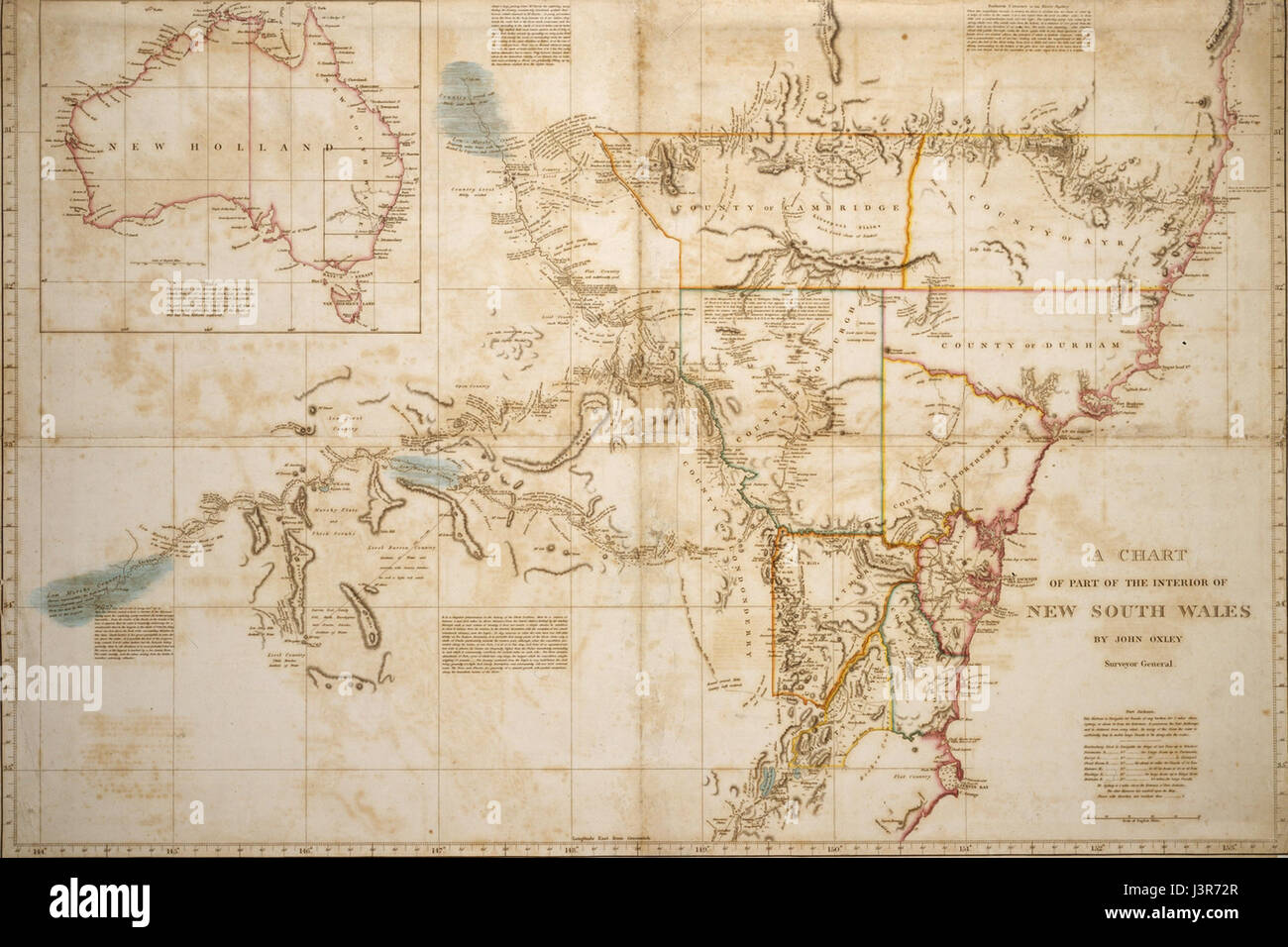 L'interno del nuovo Galles del Sud (NSW) nel 1822, come osservato dall'esploratore John Oxley, cattura il primo paesaggio coloniale dell'Australia. Le esplorazioni di Oxley hanno contribuito a mappare la regione e a documentarne le caratteristiche naturali e le culture indigene. Foto Stock