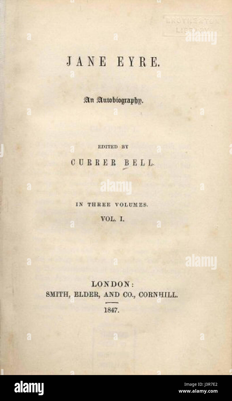 Il frontespizio del romanzo classico di Charlotte BrontÃ«"Jane Eyre" introduce i temi centrali dell'opera letteraria di crescita personale, moralità e sfide dell'amore e dell'indipendenza. Pubblicato per la prima volta nel 1847, rimane un punto di riferimento nella letteratura inglese. Foto Stock
