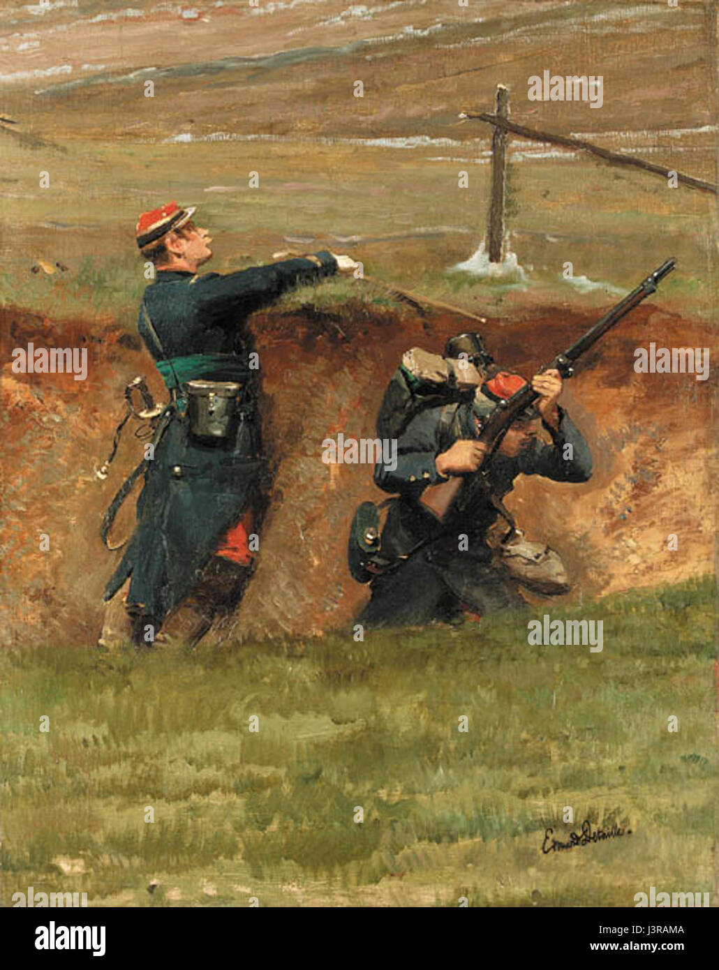 "In the Trenches" di Edouard Detaille raffigura un vivido ritratto dei soldati nelle trincee della prima guerra mondiale, catturando le dure realtà della guerra durante il periodo. Foto Stock