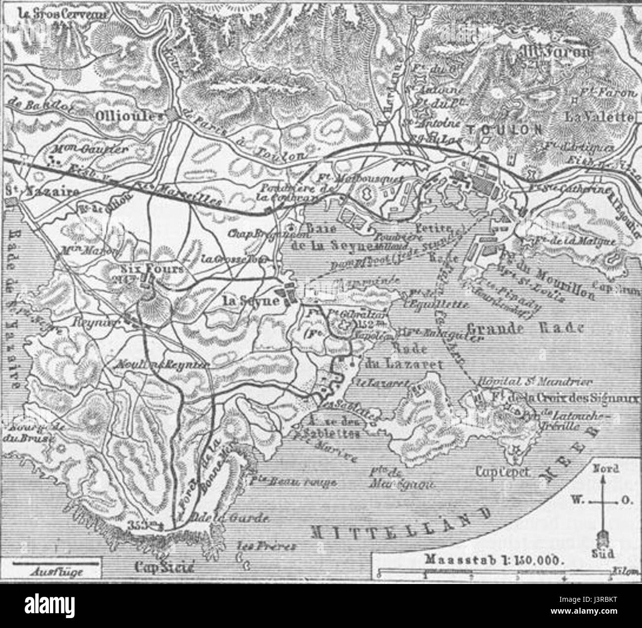 Questa mappa dei dintorni di Tolone offre una vista dettagliata dell'area geografica, fornendo informazioni sulle caratteristiche costiere e dell'entroterra vicino a questa città portuale francese. Foto Stock