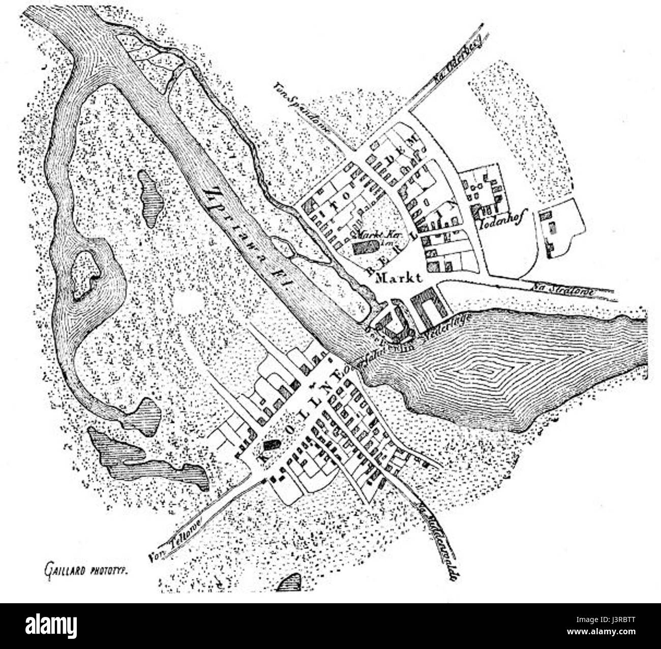 Il piano Kloeden di Berlino, risalente al 1230 circa, è una delle prime mappe sopravvissute della città, che fornisce informazioni sulla struttura medievale e lo sviluppo di Berlino durante il Medioevo. Foto Stock