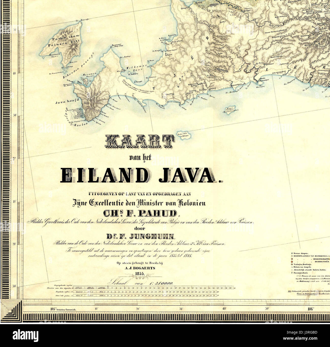 Il 'Kaart van het eiland Java' è una mappa storica dell'isola di Giava, Indonesia. Questa mappa offre informazioni sulle caratteristiche geografiche e sui confini politici di Giava durante il periodo in cui è stata creata, evidenziando le influenze coloniali nella regione. Foto Stock