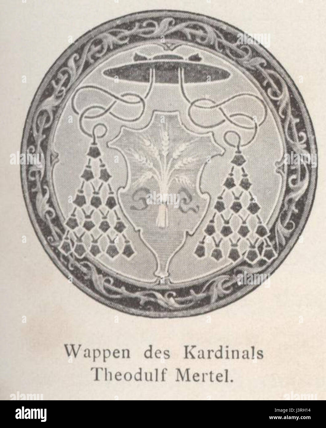 Questo titolo si riferisce allo stemma del cardinale Mertel, che simboleggia la sua posizione nella gerarchia ecclesiastica. Il disegno riflette le tradizioni araldiche ed è associato alla sua identità all'interno della chiesa. Foto Stock