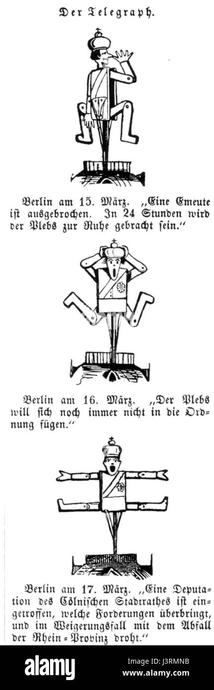 Una caricatura satirica relativa al telegrafo ottico prussiano, che fu una delle prime forme di tecnologia di comunicazione utilizzata durante il XIX secolo. Foto Stock