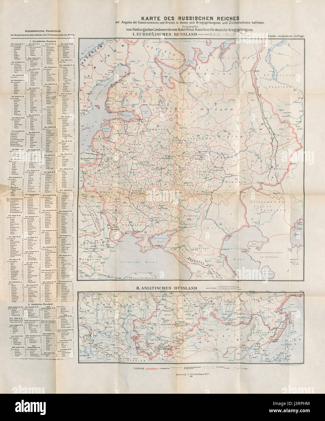 Karte des Russischen Reiches mit der Angabe Gouvernements und Kreise in denen sich Kriegsgefangene und Zivilverschickte befinden Foto Stock