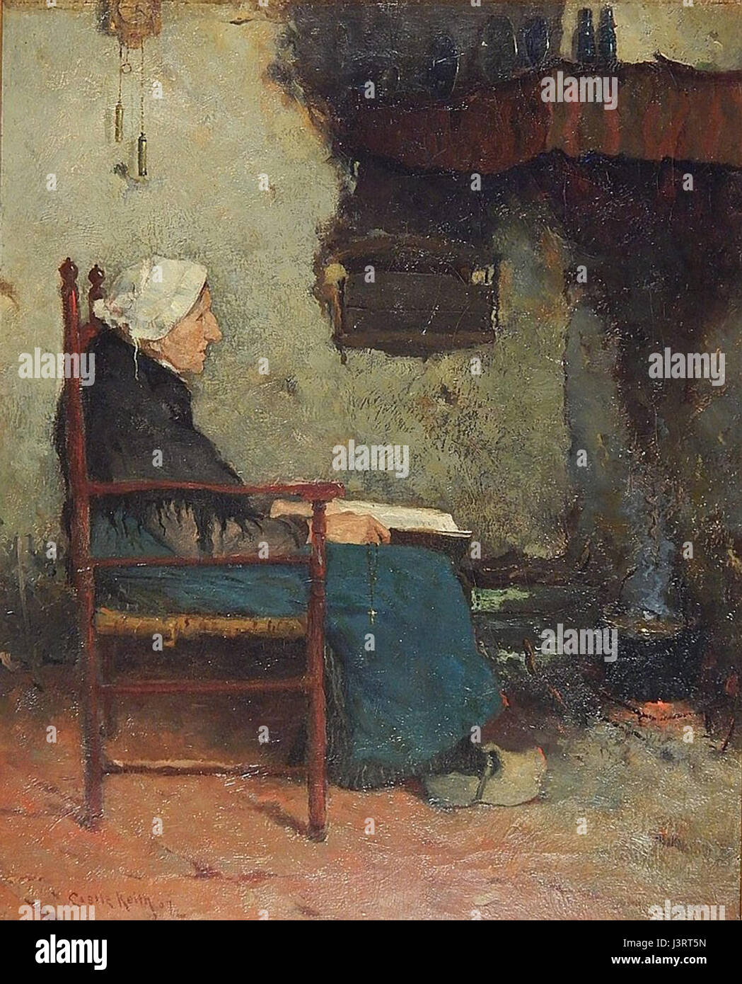 Keithâ dipinto di una donna su una sedia la lettura cattura un momento sereno e intimo, sottolineando la quiete solitudine della lettura. La composizione evidenzia il coinvolgimento di subjectâ con il libro. Foto Stock