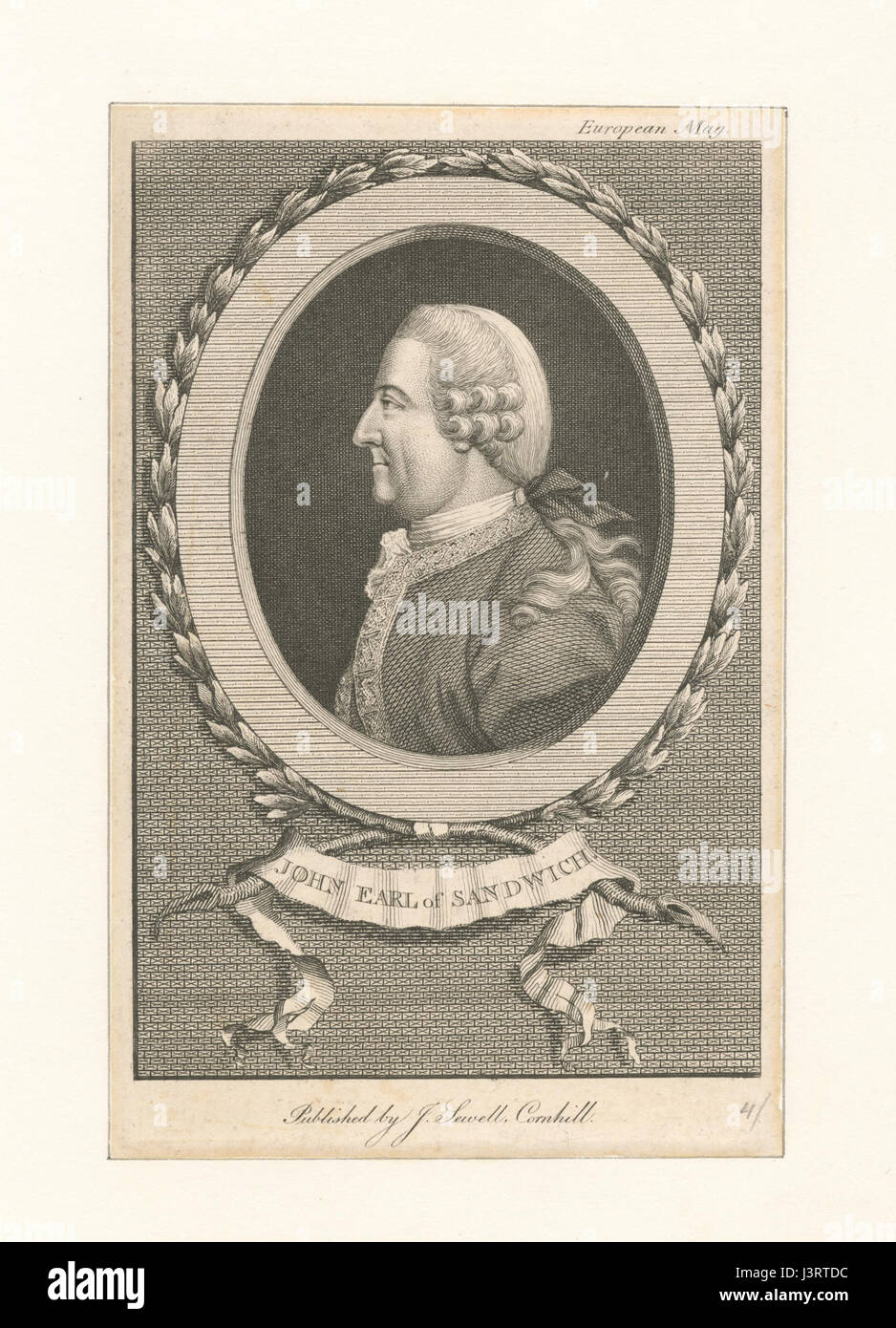 Un ritratto o una rappresentazione di John Montagu, il IV conte di Sandwich, un nobile inglese notoriamente associato all'invenzione del sandwich. Foto Stock