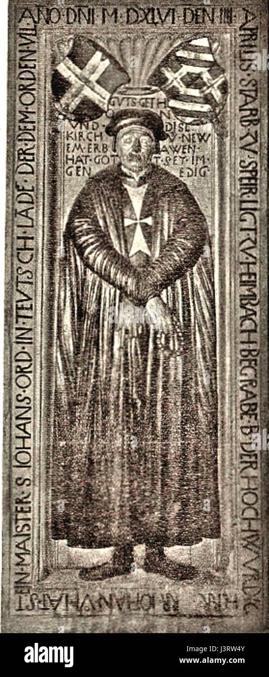 La targa commemorativa commemora Johann von Hattstein, una figura storica, che onora i suoi contributi alla storia della regione. Foto Stock