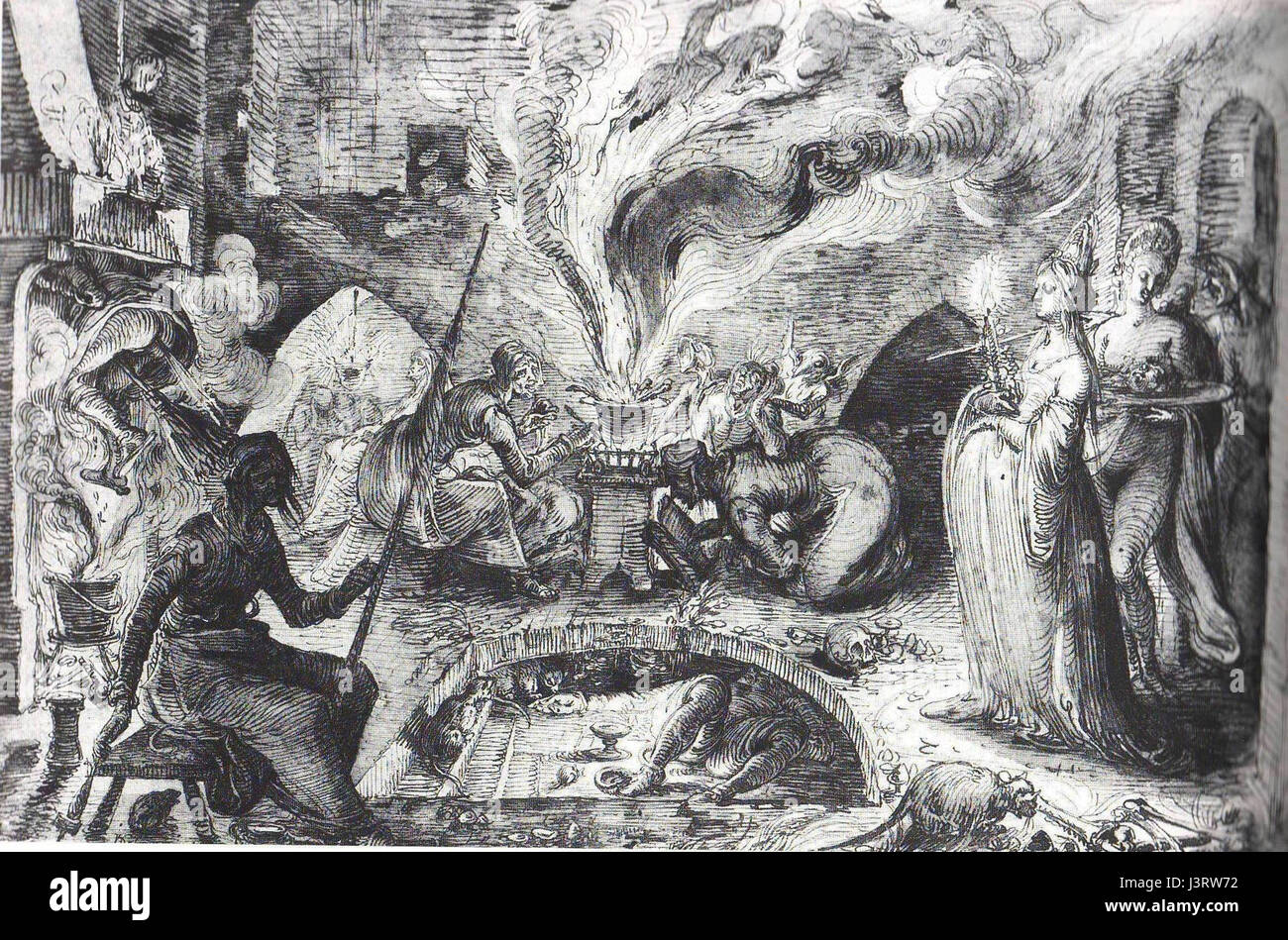 L'immagine raffigura una classica scena di streghe, con una figura che esegue rituali in un ambiente oscuro e misterioso. Cattura l'atmosfera gotica spesso associata al folklore e alle tradizioni della stregoneria nella cultura occidentale. Foto Stock