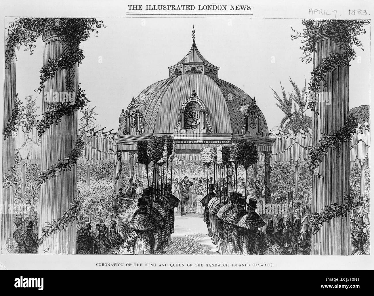 L'illustrazione tratta dal Illustrated London News nel 1883 cattura l'incoronazione di re Kalakaua delle Hawaii. Questo evento storico segna un momento significativo nella storia della monarchia hawaiana, mostrando la grandezza e il significato culturale della cerimonia. Foto Stock