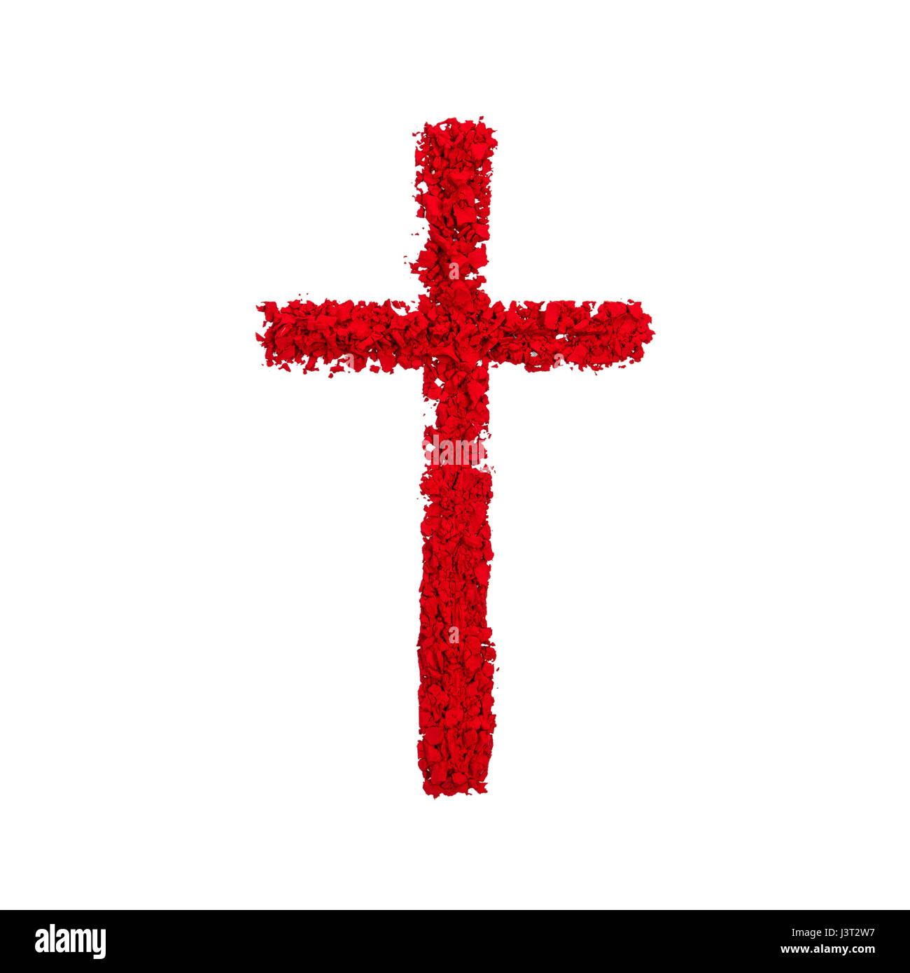 Una croce cristiana fatta con colore rosso in polvere, isolato su uno sfondo bianco Foto Stock