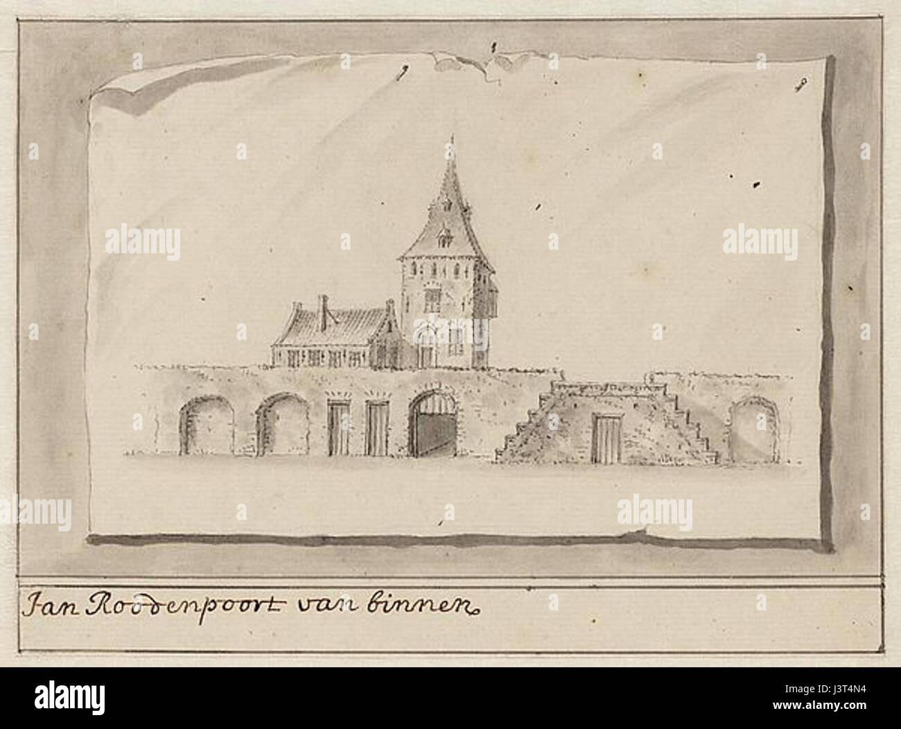 Questa immagine mostra il Jan Rodenpoortstoren di Amsterdam, una torre storica, come illustrato da Antonina Houbraken, che mostra i dettagli architettonici della torre. Foto Stock