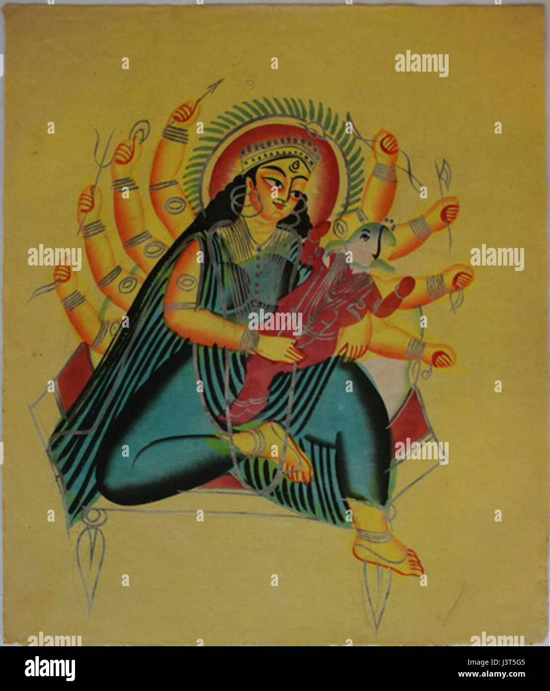 Questa opera rappresenta Ganesha, la divinità indù, raffigurata in grembo di Parvati, sua madre. L'immagine simboleggia il legame tra madre e figlio e riflette temi significativi nella cultura indù. Foto Stock